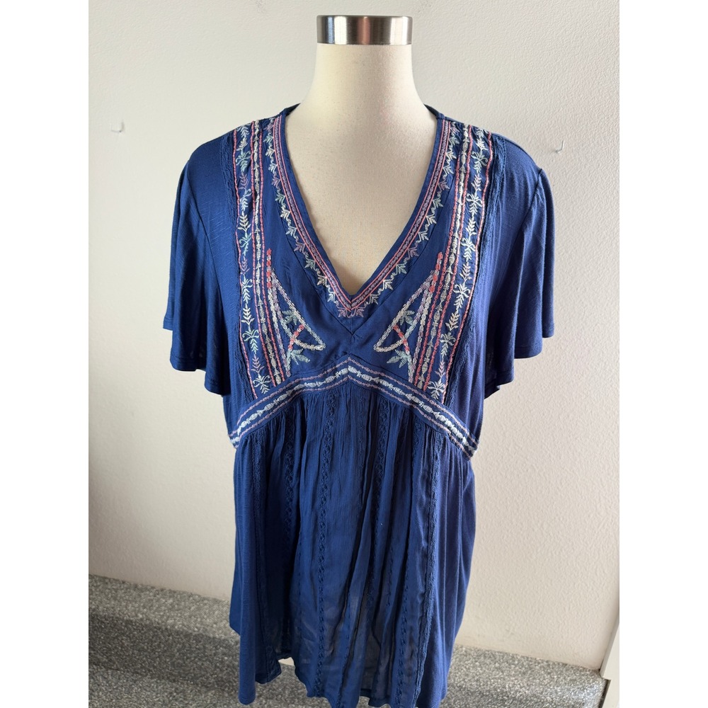 NEW Knox Rose Womens Plus XXL Blue Embroidered Boho V Neck Flutter Sleeve Top